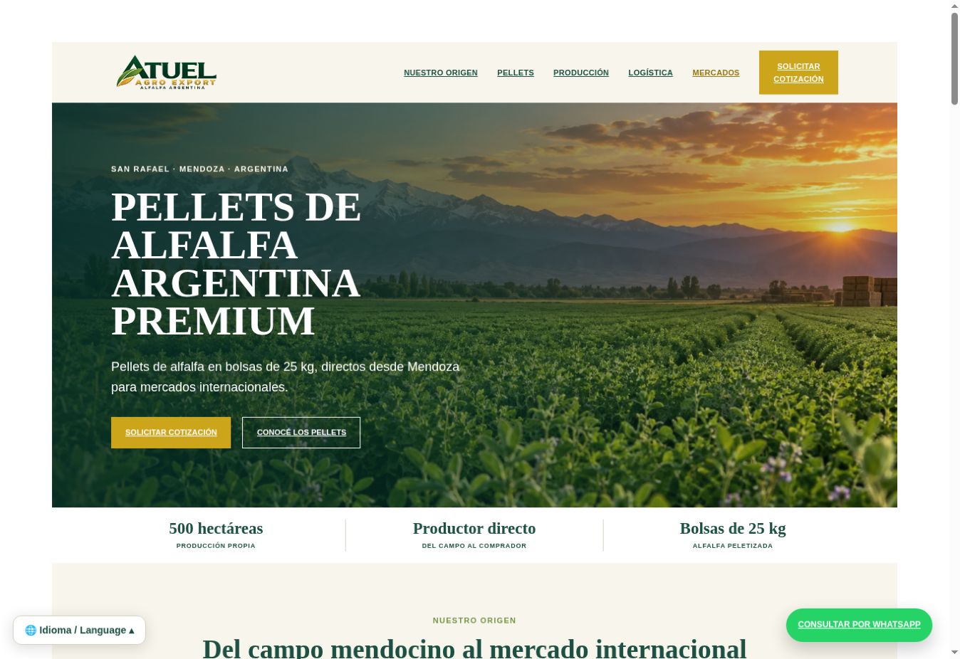 Captura real de ATUEL AGRO EXPORT: campo de alfalfa al atardecer, logo verde y dorado y presentación de pellets de alfalfa argentina